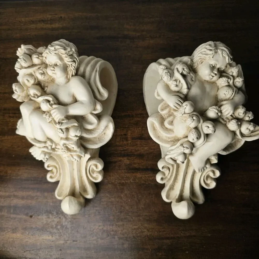 Vintage Wang's International Cherub Wall Sconces Drapery Curtain Rod Holder Pair